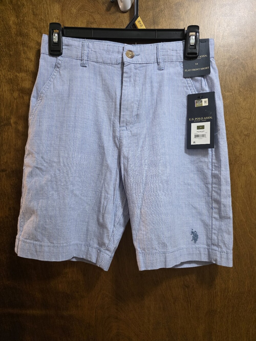 NWT U.S. Polo Assn. Boys Light Blue Seersucker Flat-Front Shorts Size 14